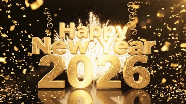 Golden 2026 New Year Celebration with Confetti and Fireworks