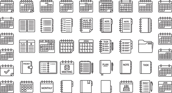 Black line icons of various planners and calendars for organization