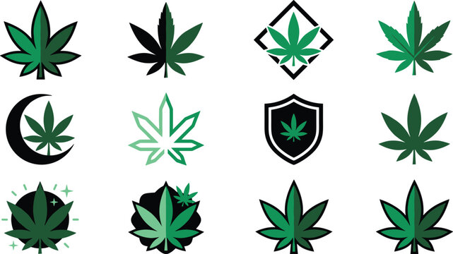 Cannabis leaf logo collection featuring marijuana hemp icons with modern badge shield and emblem designs isolated vector illustration