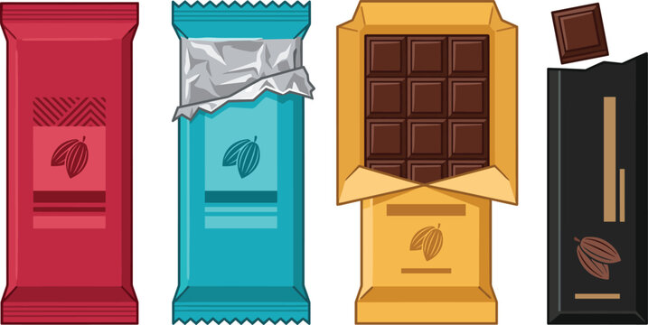 Chocolate bar packaging mockup collection featuring wrapped candy bars, foil wrappers and premium confectionery branding vector illustration