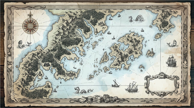 Moody fantasy archipelago map hand painted game asset illustration