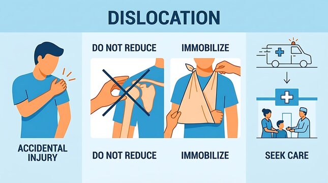Infographic showing first aid steps for shoulder dislocation injury