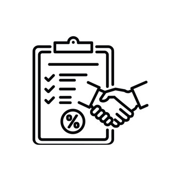 Contract Signing. A stylized illustration depicts a handshake over a document with a checklist and a percentage icon, symbolizing agreement and business partnership.