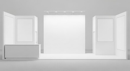 Fototapeta premium Modern minimalist white exhibition stand or trade show booth with display panels and counter, ready for branding and events.