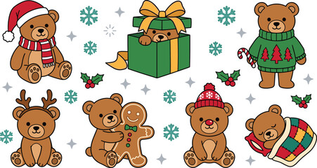 Christmas teddy bear collection featuring cute bears, holiday gifts, gingerbread cookie, reindeer and festive winter decorations vector illustration © Prodip