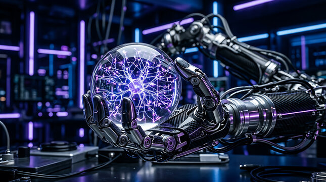 Robotic bionic hand holding a glowing artificial intelligence plasma sphere neural network