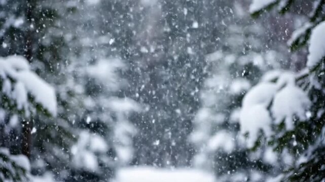 Snowflakes fall gently through a serene forest pathway surrounded by snow-covered trees.
