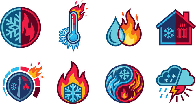 Climate control and weather icon collection featuring heating, cooling, temperature, HVAC, energy efficiency and seasonal climate vector illustration
