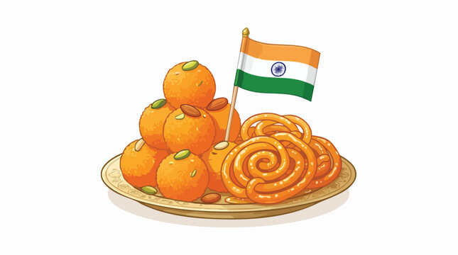 Illustration of a plate with oranges and jalebi pastries and an Indian flag on a white background.