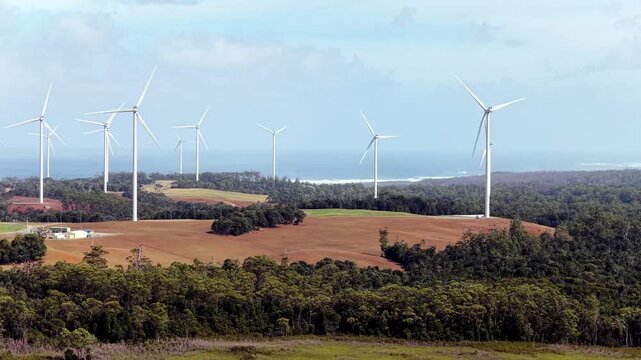 Renewable solar energy at wind farm on the West coast of Tasmania aerial panorama.