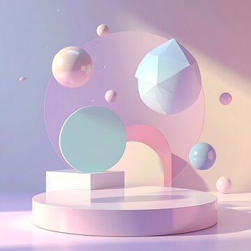 Pastel colored geometric shapes floating.