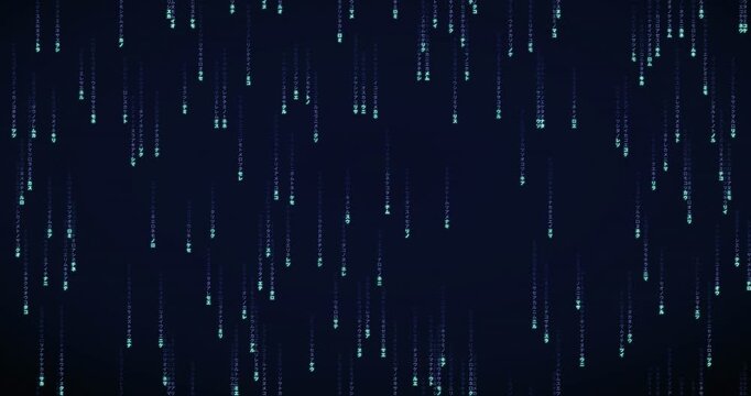 Japanese katakana characters fall in a steady, balanced rain animation with a radiant violet glow.