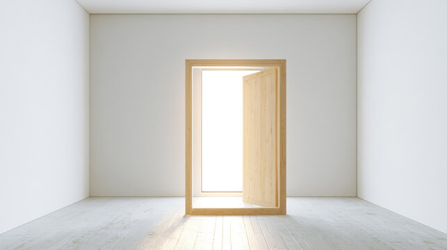 Bright empty room with wooden door frame and open doorway