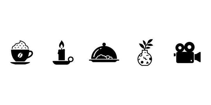 Black icons of coffee cup, candle, food, vase and movie camera