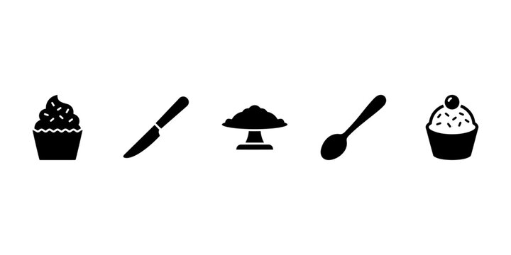 Black silhouettes of cupcakes and baking tools