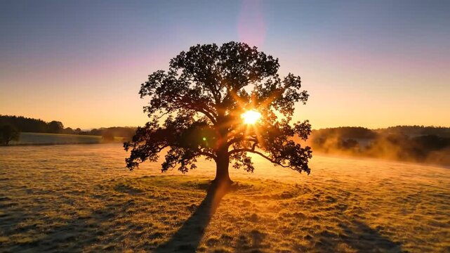 A lone tree stands in a frosty field during sunrise with sun shining through branches.
