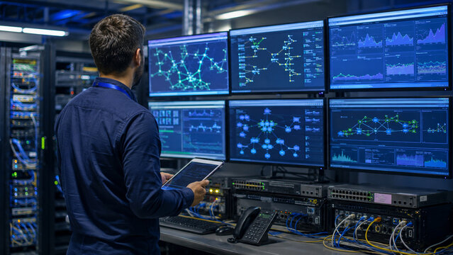 Network engineer monitoring server equipment