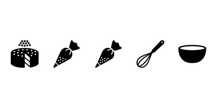 Black icons of cake, icing bags, and whisk on white
