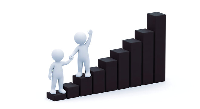 Two 3D white characters helping each other climb up a black bar chart.