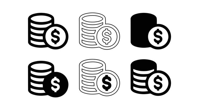 Black and white coin stack icons with dollar sign isolated on transparent background, Vector