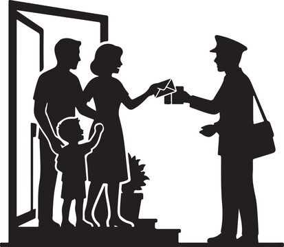 Postman delivering mail to family at home door doorstep receiving package happy friendly exchange.