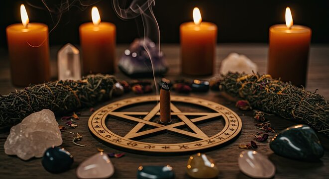 Ritualistic arrangement with candles pentacle crystals and incense smoke
