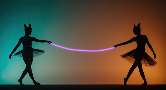Silhouette dancers with glowing element against colorful backdrop