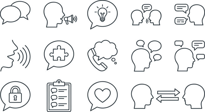 Communication and conversation outline icon collection featuring speech bubbles, customer support, messaging, feedback and interpersonal dialogue symbols