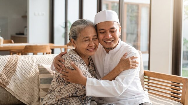 Emotional Muslim Mother And Son Hugging At Home During Eid