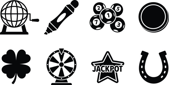 Professional bingo and lottery silhouette icons for casino gambling and lucky game branding.
