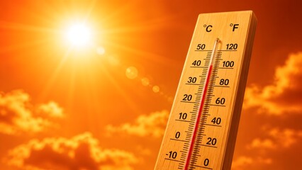 Fototapeta premium Severe heatwave concept with a record high temperature thermometer under an intense burning sun and red sky