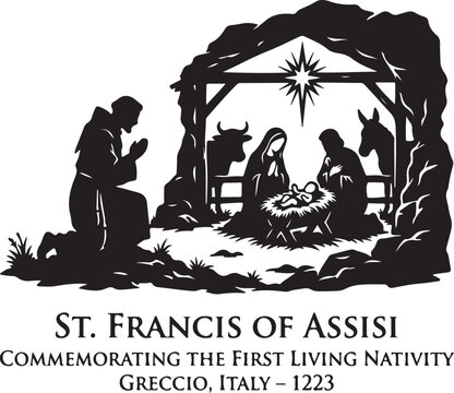 Nativity scene with st francis of Assisi greccio italy 1223 celebrating first living nativity silhouette.