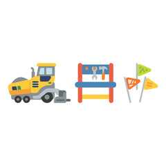 Naklejka premium A collection of construction-related icons featuring a yellow road paver, a workbench with tools, and three colorful safety flags on sticks.