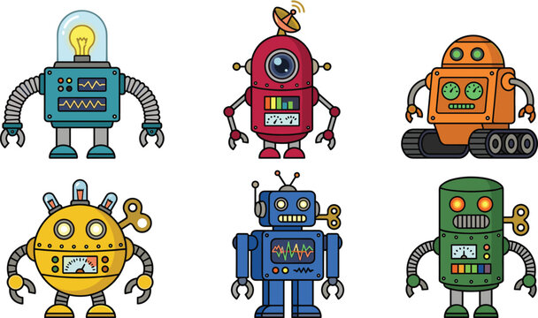Cute retro robot collection featuring vintage toy robots, futuristic androids and colorful mechanical characters vector illustration set