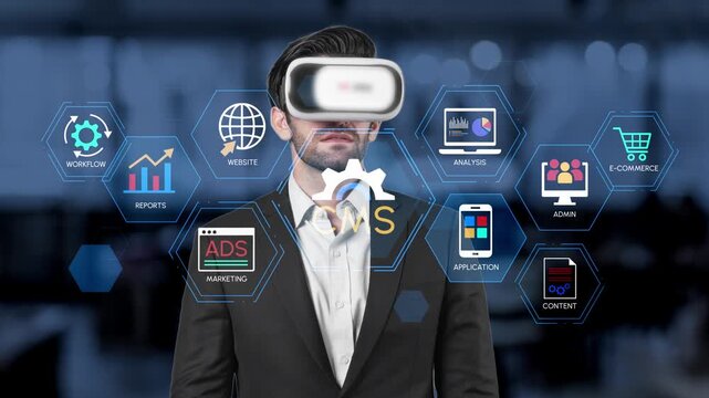 Businessman Using Virtual Reality Headset in Modern Office with Digital Interfaces Representing Data and Technology Concepts. Entropy.