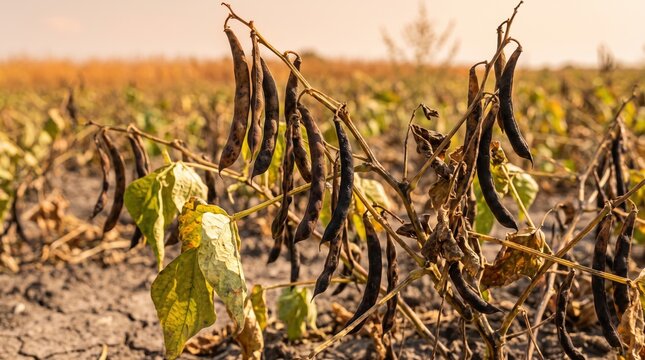Blackened bean pods grow on withered stems in a field in France during June 2026. The agricultural crop is heavily damaged by severe weather and intense heat waves. 