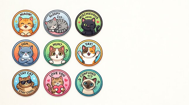 Set of cute cartoon cat stickers showing various emotions