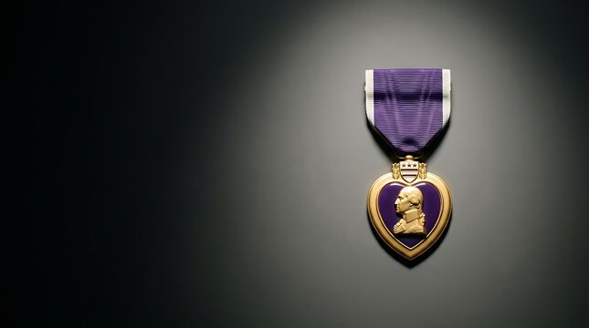 Military purple heart medal for honor and sacrifice on dark surface