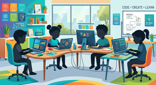 Kids coding class, children learning programming, computer education, kids in classroom