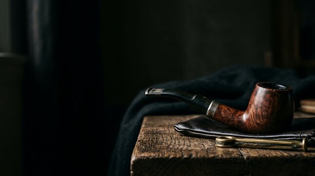 Classic wooden smoking pipe on rustic table in moody light