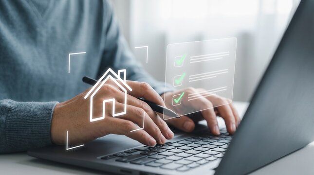 Person using laptop and stylus with digital smart home checklist interface for online real estate technology