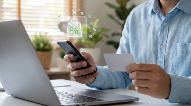 Person using smartphone and credit card for secure online shopping, mobile payment and ecommerce discount purchase