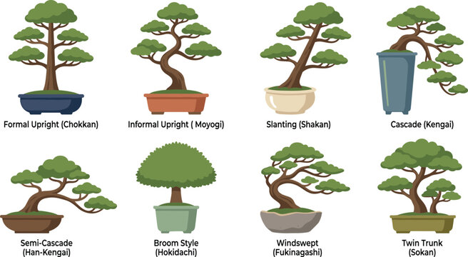 Bonsai Tree Styles Vector Illustration Set Featuring Traditional Japanese Bonsai Forms