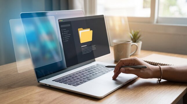 Hand using laptop trackpad with stylus pen, cloud file management interface and digital workflow concept