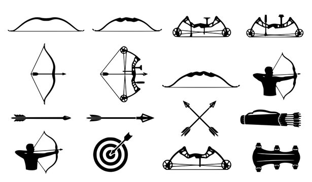 Archery Bow and Arrow Black Silhouette Vector Illustration Set
