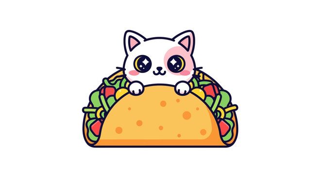 Adorable Kawaii White Cat Character Peeking Out of a Delicious Crispy Taco Shell Illustration