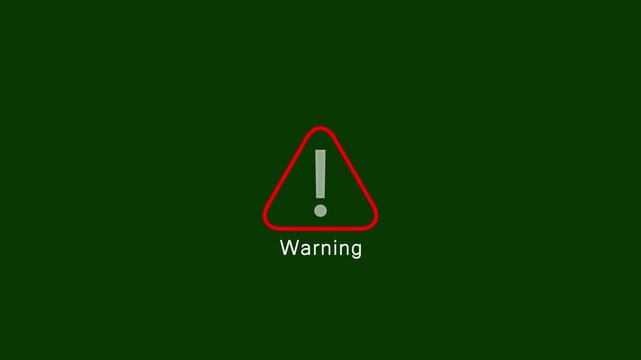 Warning icon animation with red triangle error danger alert text notice exclamation mark white minimalist loop motion graphic isolated on dark green background.