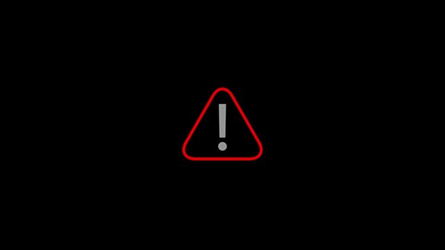 Warning icon animation with red triangle error danger alert attention sign exclamation mark white minimalist loop motion graphic isolated on black background.