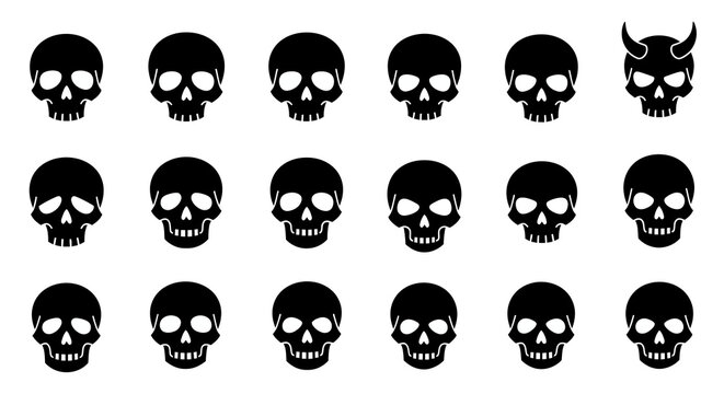 Set of black skull icons with different expressions and shapes on white background