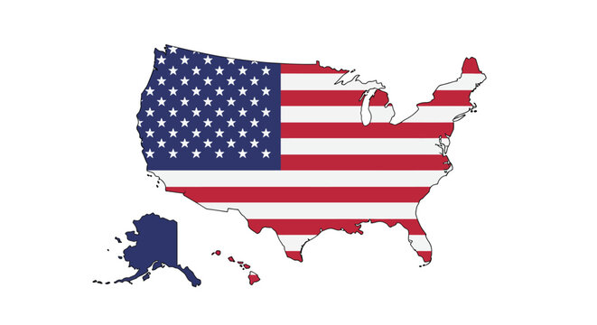 Map of the United States of America with the American flag overlayed on the contiguous states and Alaska and Hawaii